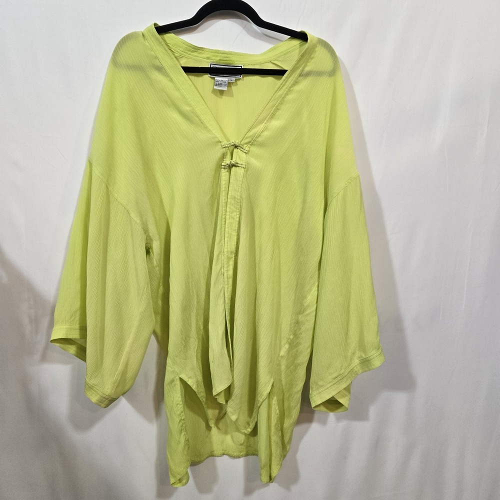 Diane Gilman 100% Silk Tunic Blouse M Chartreuse Kimono Sleeve Boho